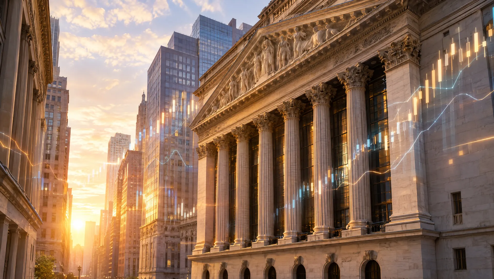 A classical exchange building at sunrise