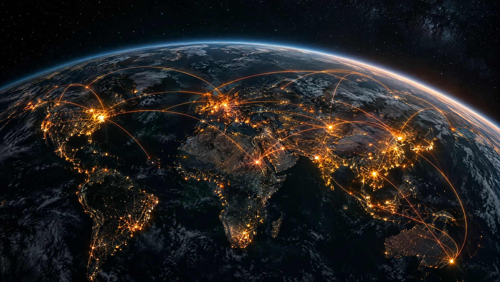 Earth at night with orange arcs between cities