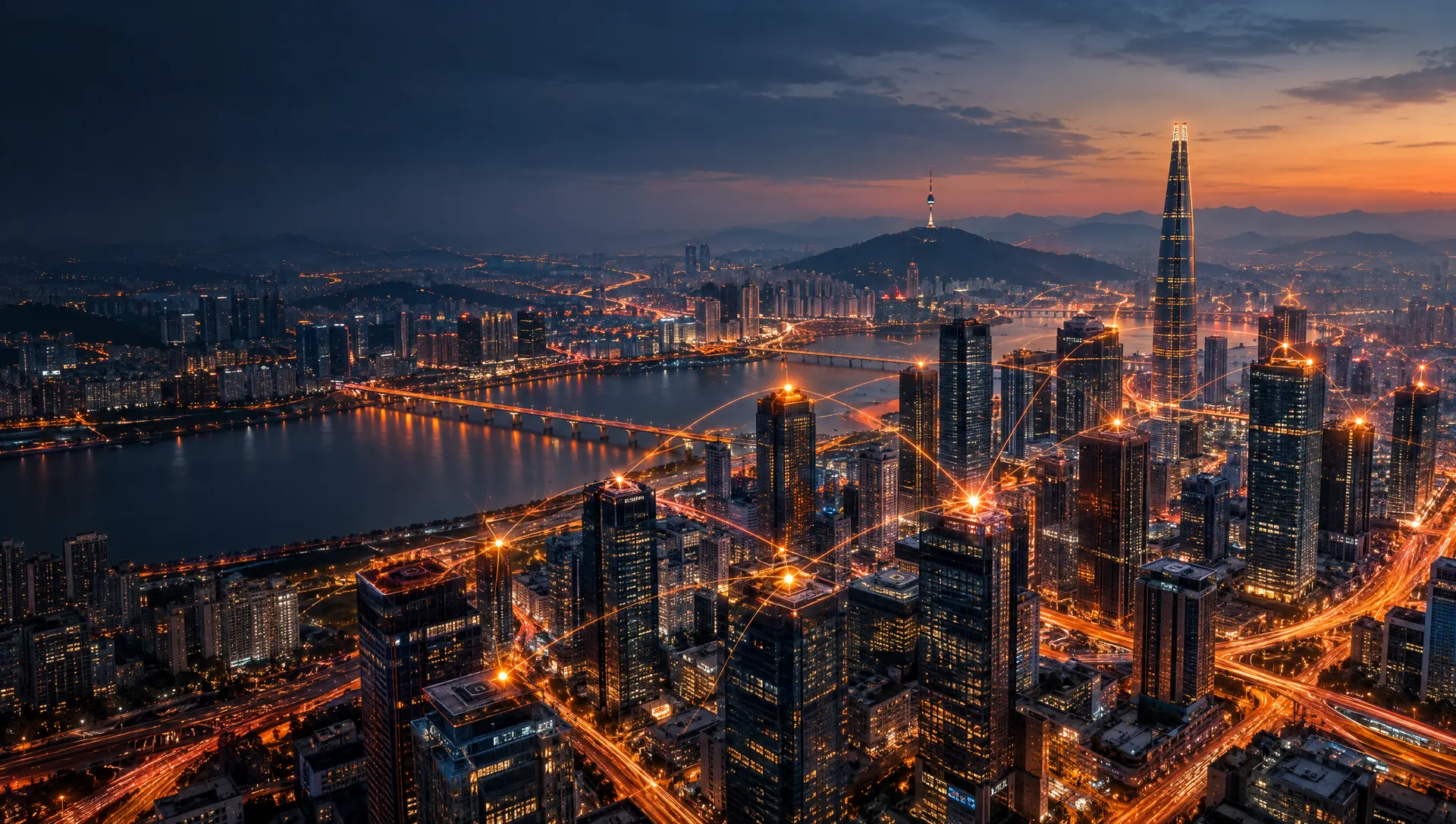Seoul skyline at blue hour with orange light streams