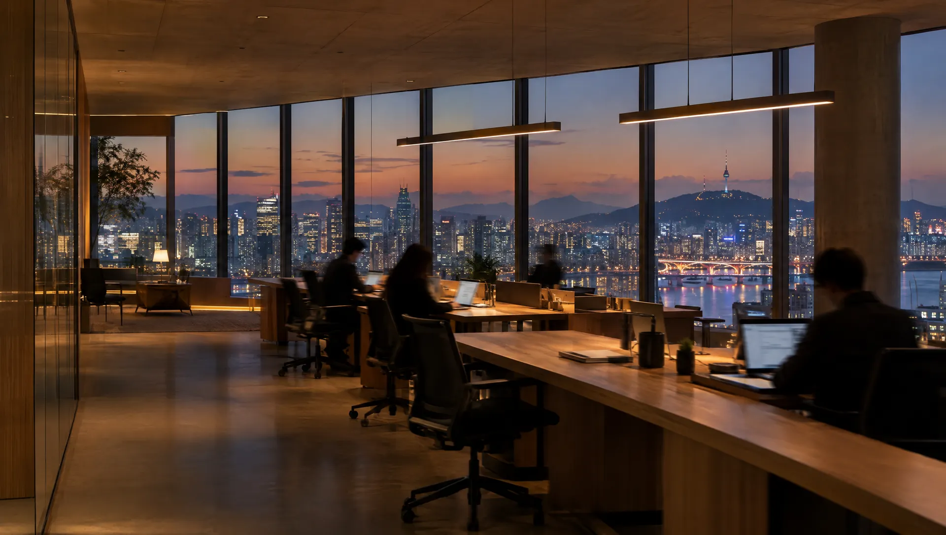 An office in Seoul at dusk