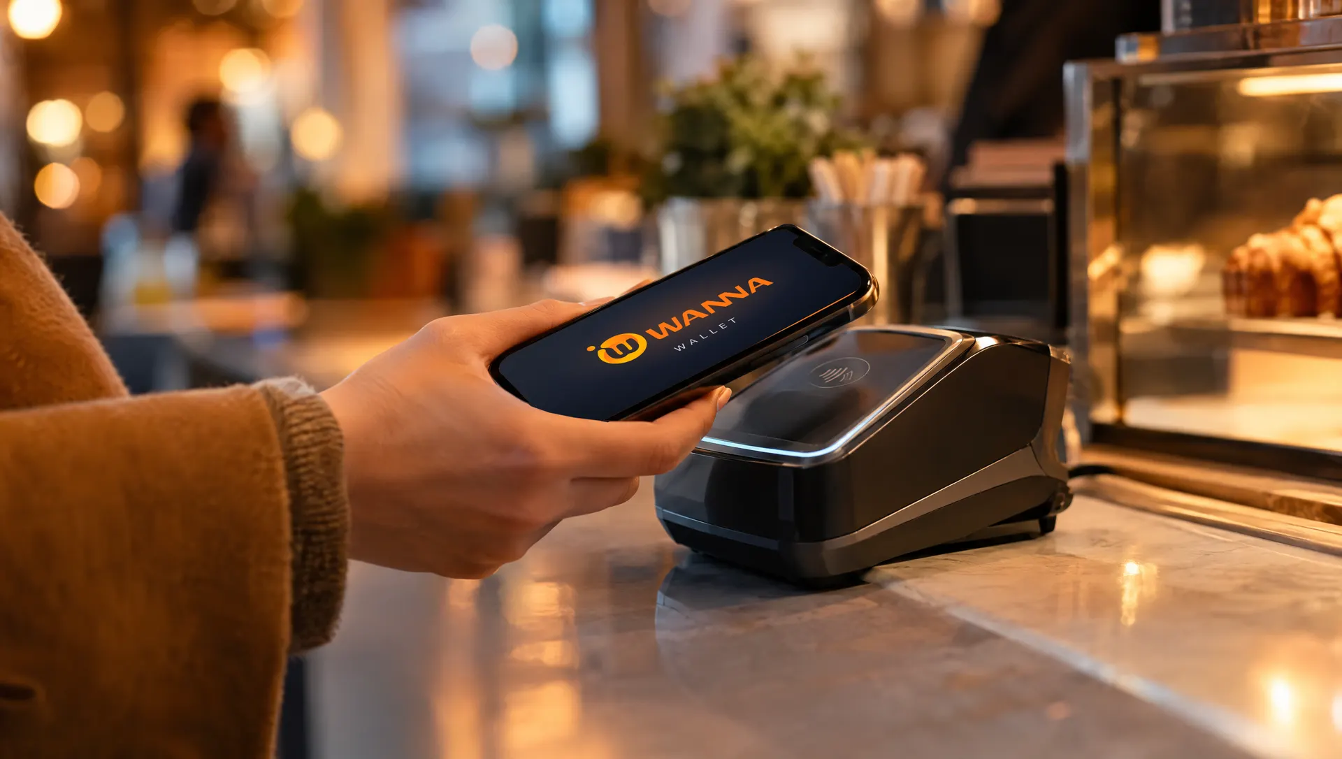 Paying with a phone at a café counter