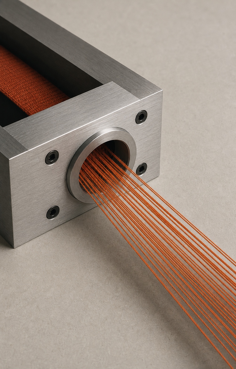 Orange textile becoming fine parallel threads through a precision metal aperture